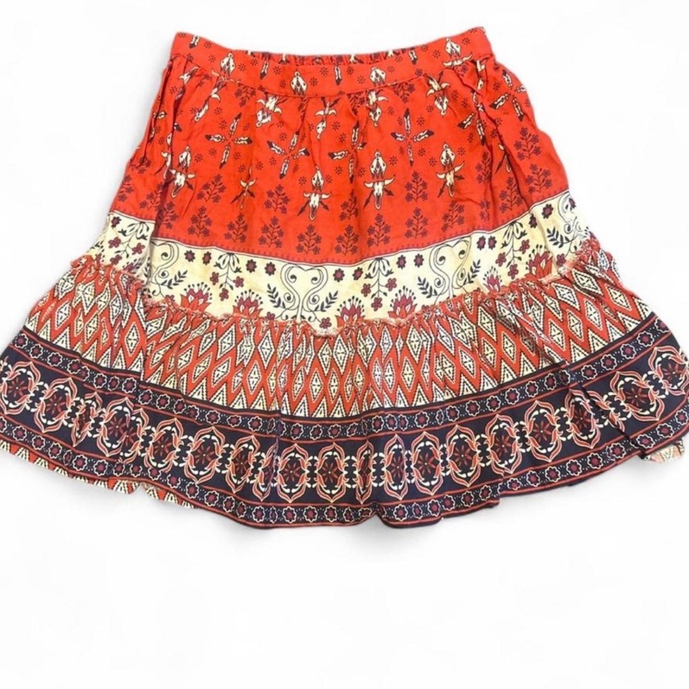 vintage orange and navy blue boho tiered midi skirt